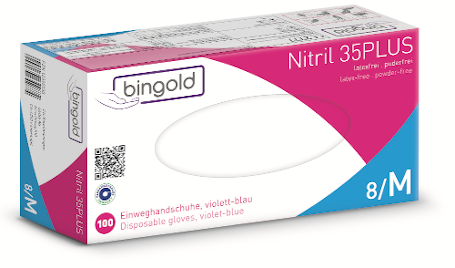 Lagerartikel(0007482)0007482-BINGOLDNitril35PLUSEinweghandschuheNitril-Handschuhe%2Cpuderfrei%2CGrM%2Cviolettblau-100St%C3%BCckBox-604287